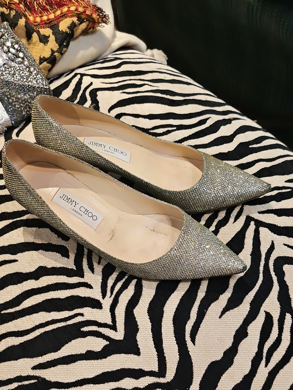 Jimmy Choo Glitter Pointed Flats in Champagne Lame Glitter.
